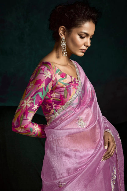 Lavender Saree radiates soft elegance and tranquility – perfect for romantic events, spring celebrations, or relaxing afternoons.
