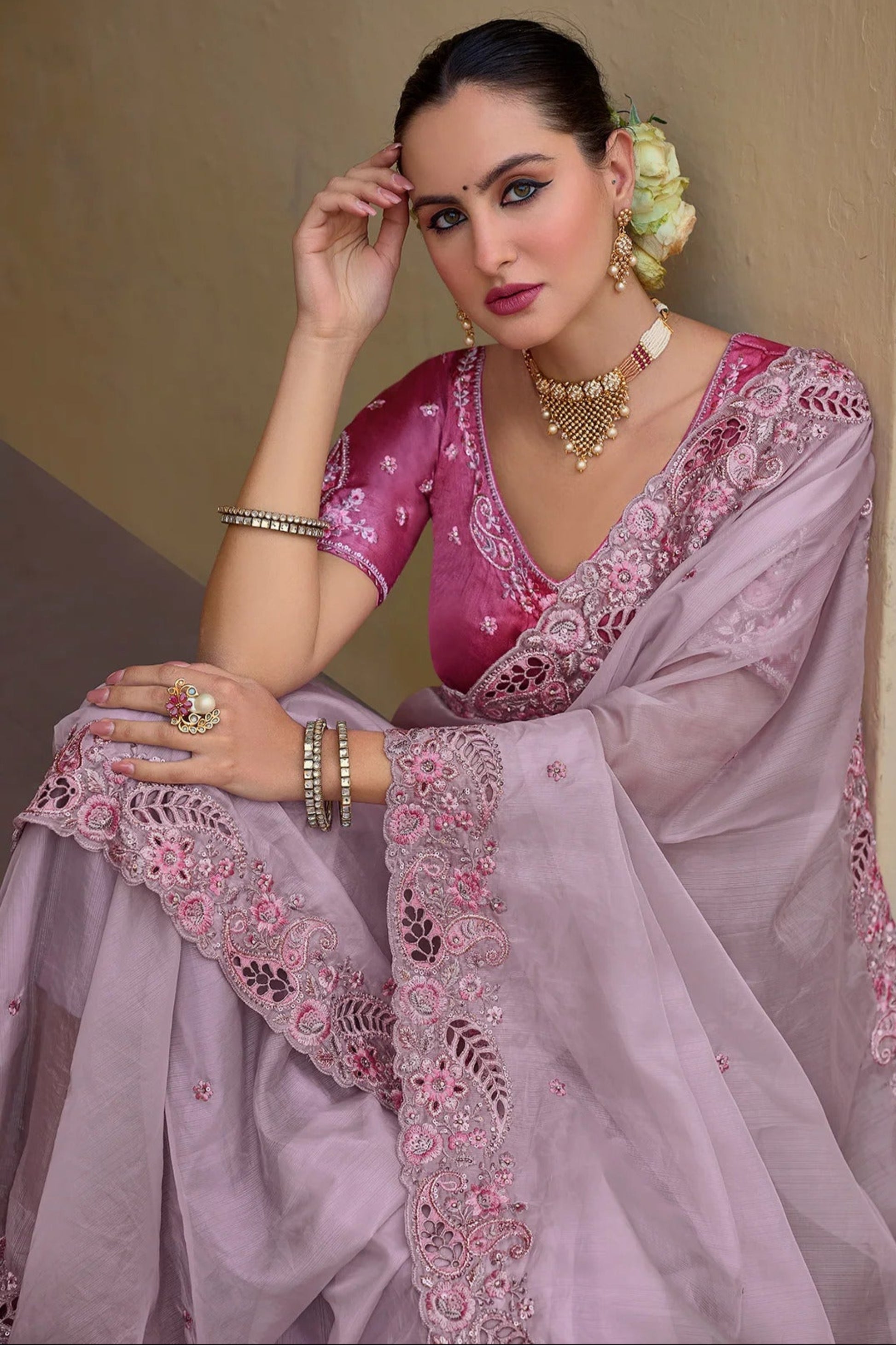 Pink Saree reflects softness and charm – perfect for graceful day functions.
