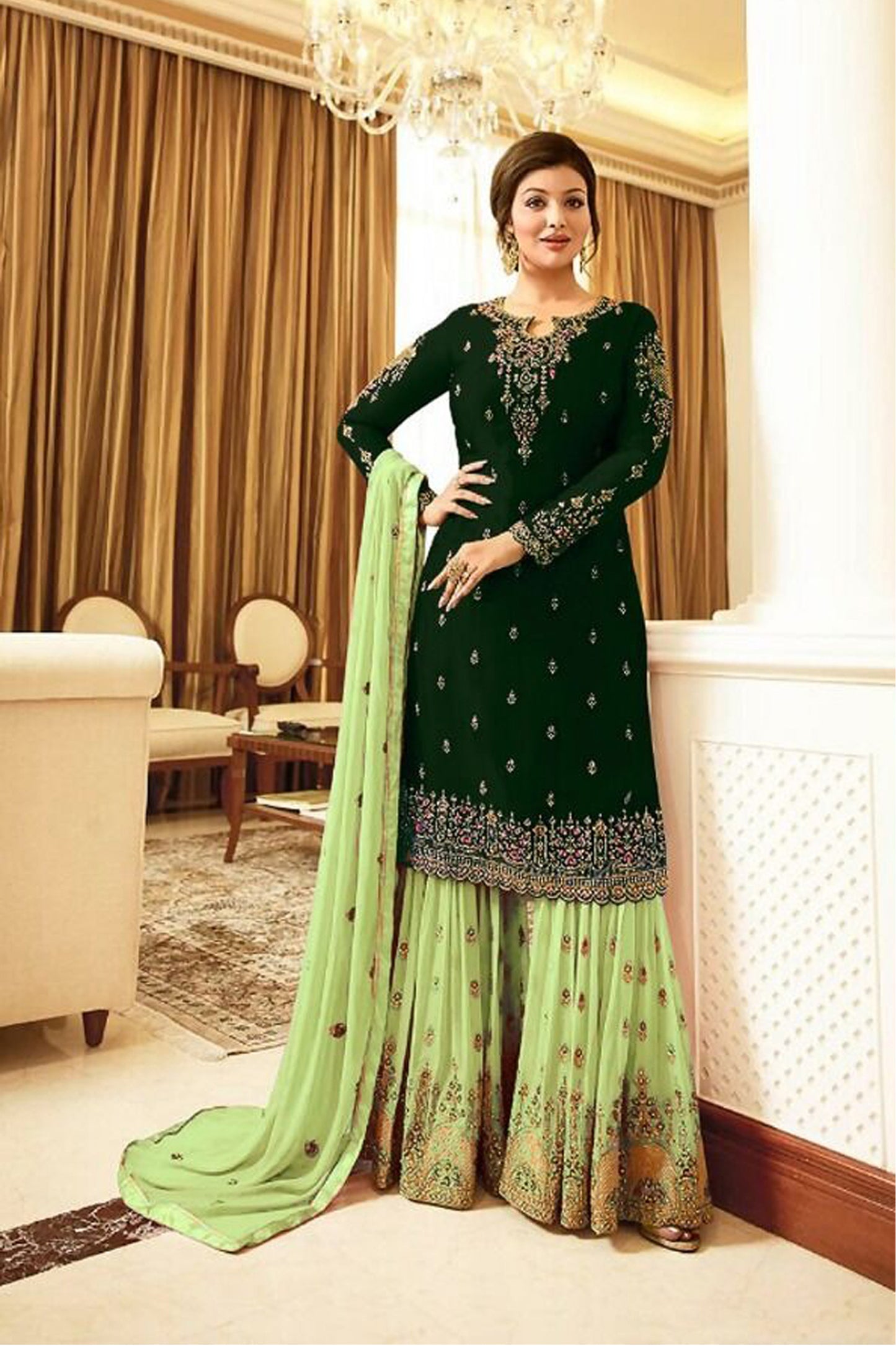 Green Georgette Sharara Suit For Indian Pakistani Wedding - Seyuri Designer Ethnic Wear USA
