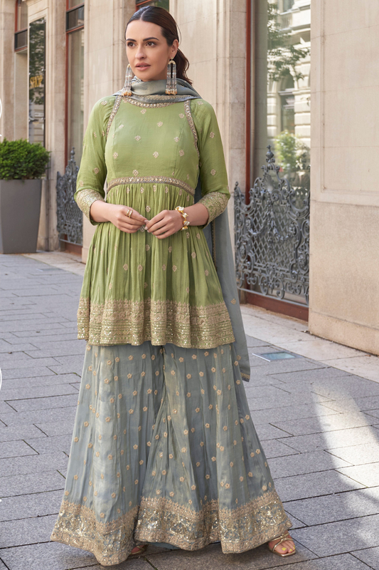 Pistachio Green Embroidered Sharara Suit With Chinon Silk Dupatta For Eid USA"