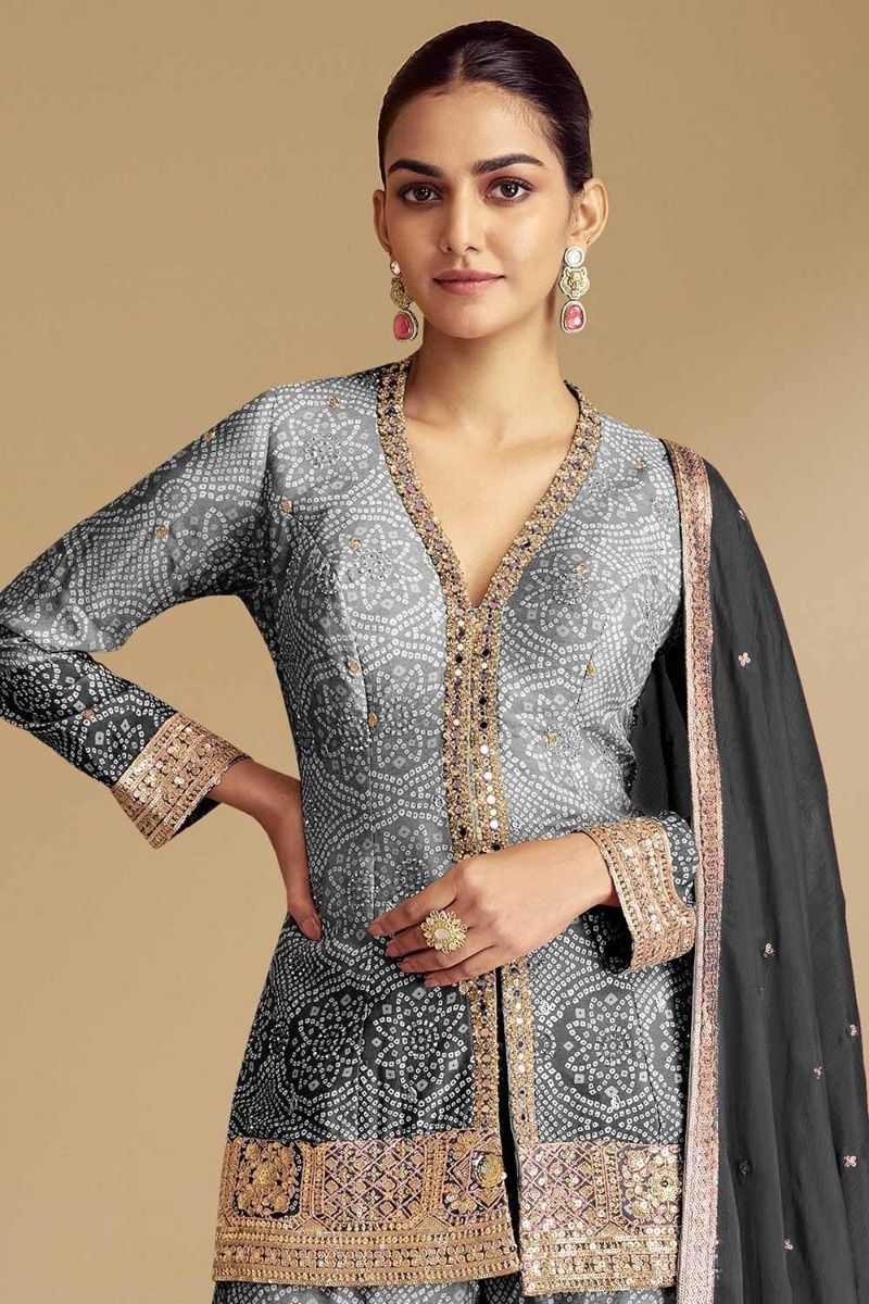 Traditional South Asian sharara - Gray Chiffon Designer Suit For Weddings And Festivals

