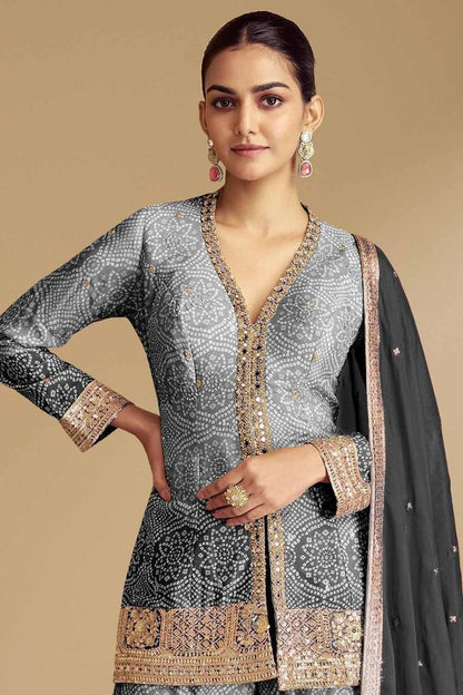 Traditional South Asian sharara - Gray Chiffon Designer Suit For Weddings And Festivals


