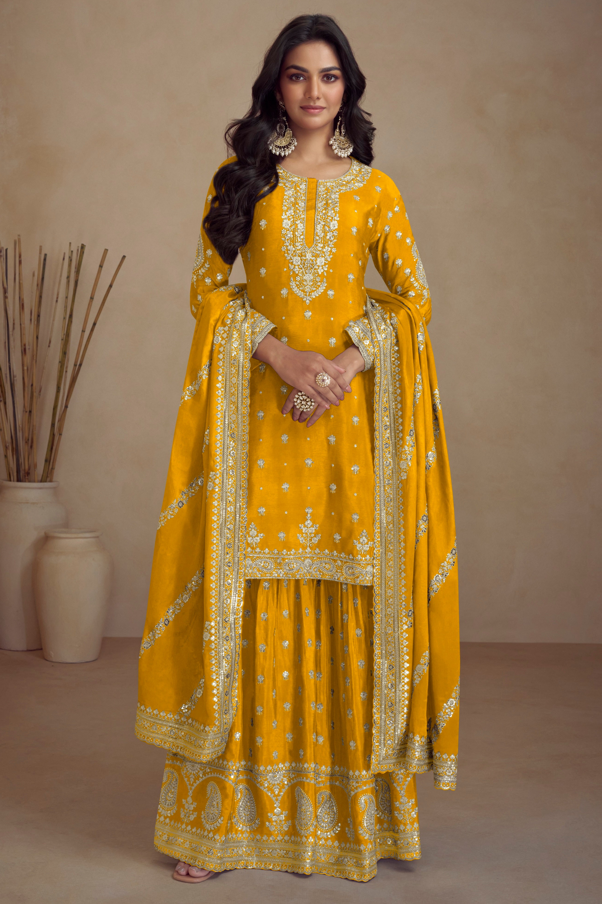 Yellow Embroidered Sharara Palazzo Suit With Dupatta - Seyuri Designer Party Wear USA