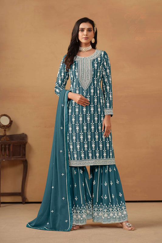 Teal Georgette Sharara Suit For Festivals Aand Weddings - Seyuri Designer Embroidered Outfit USA