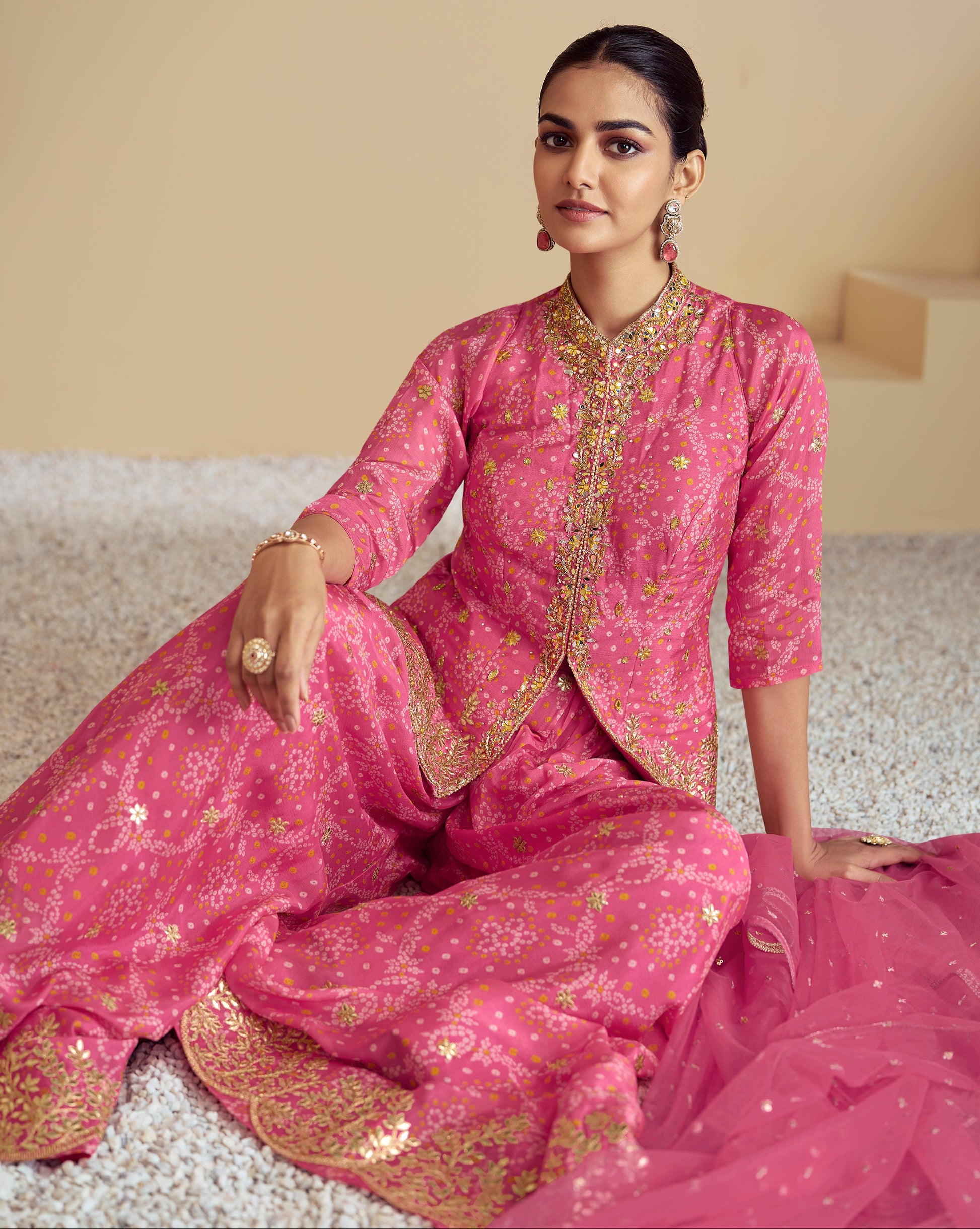 Embroidered Pakistani Sharara Kameez Detail - Chinon Silk With Soft Net Dupatta"