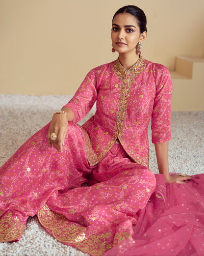 Embroidered Pakistani Sharara Kameez Detail - Chinon Silk With Soft Net Dupatta"