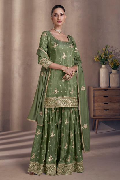 Olive Green Sharara Dupatta Set - Traditional Indian Wedding Attire