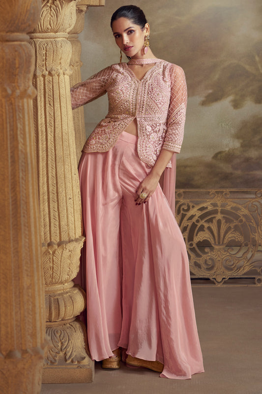 Light Pink Embroidered Palazzo Salwar Kameez Suit For Women - Indian Ethnic Wear