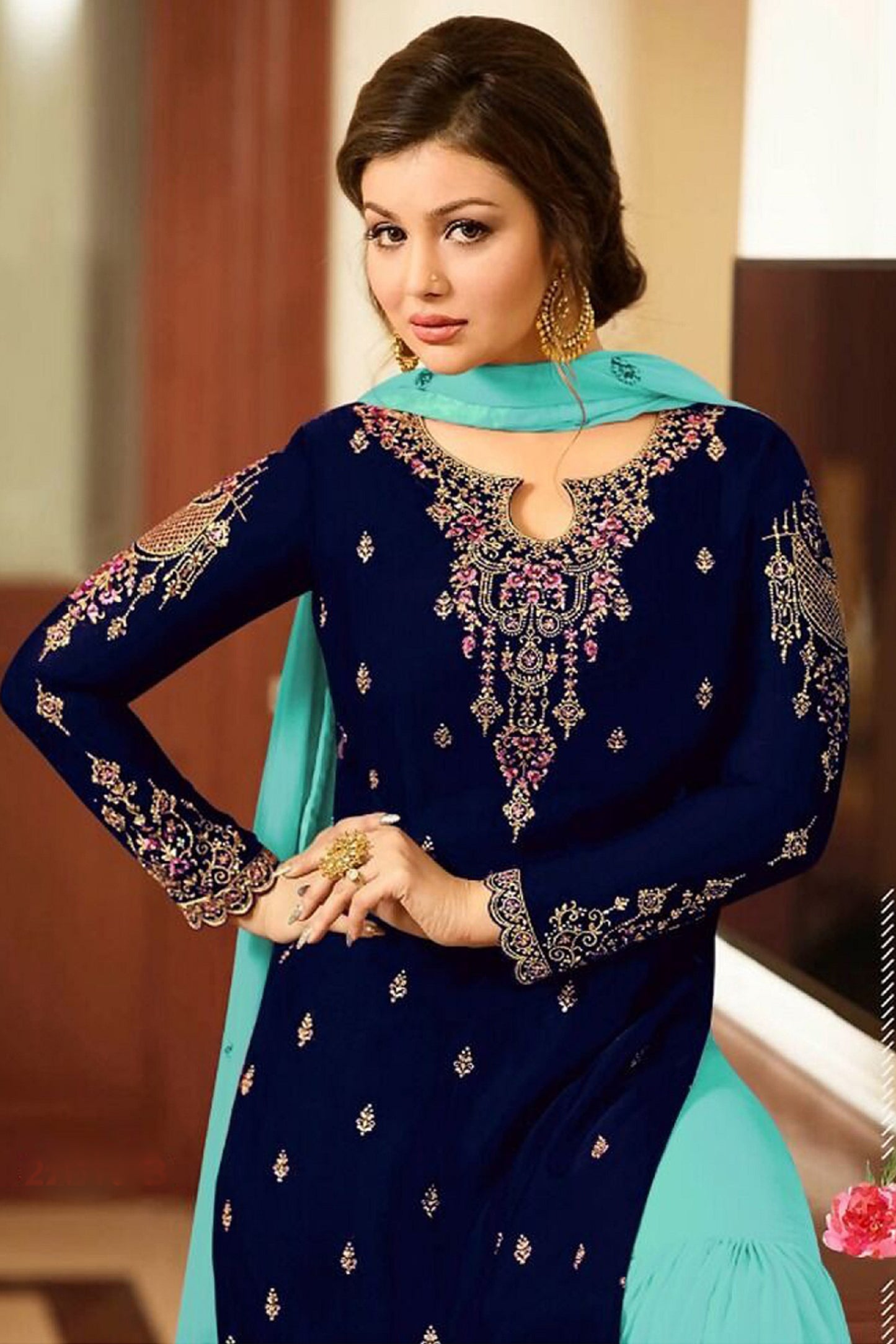 Navy Blue Sharara Suit Back Design - Georgette Embroidered Pakistani Rokah Dress plus Size 
