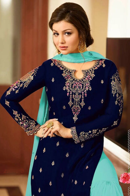Navy Blue Sharara Suit Back Design - Georgette Embroidered Pakistani Rokah Dress plus Size 
