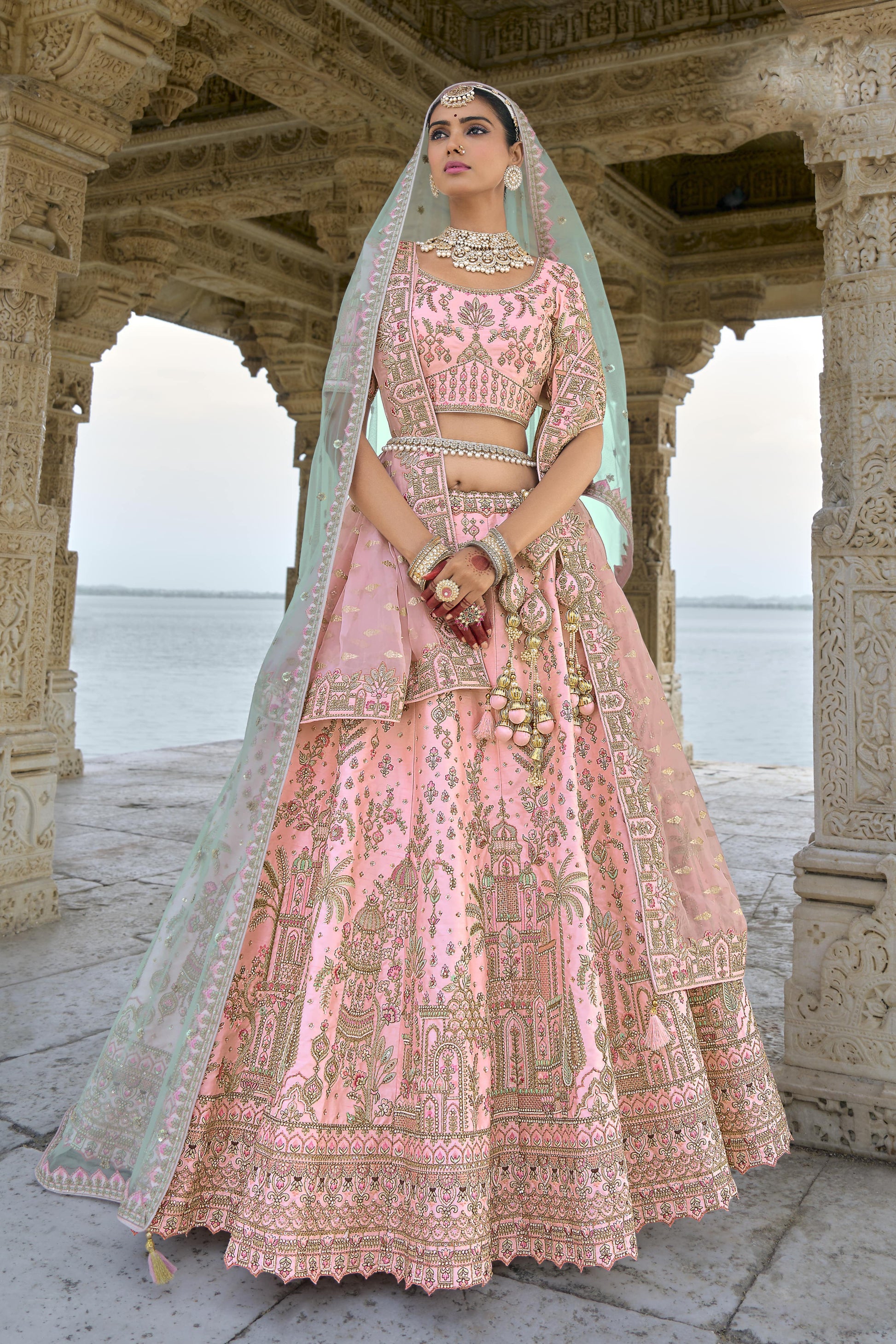 "Elegant lehengas for U.S.-based Indian celebrations."
