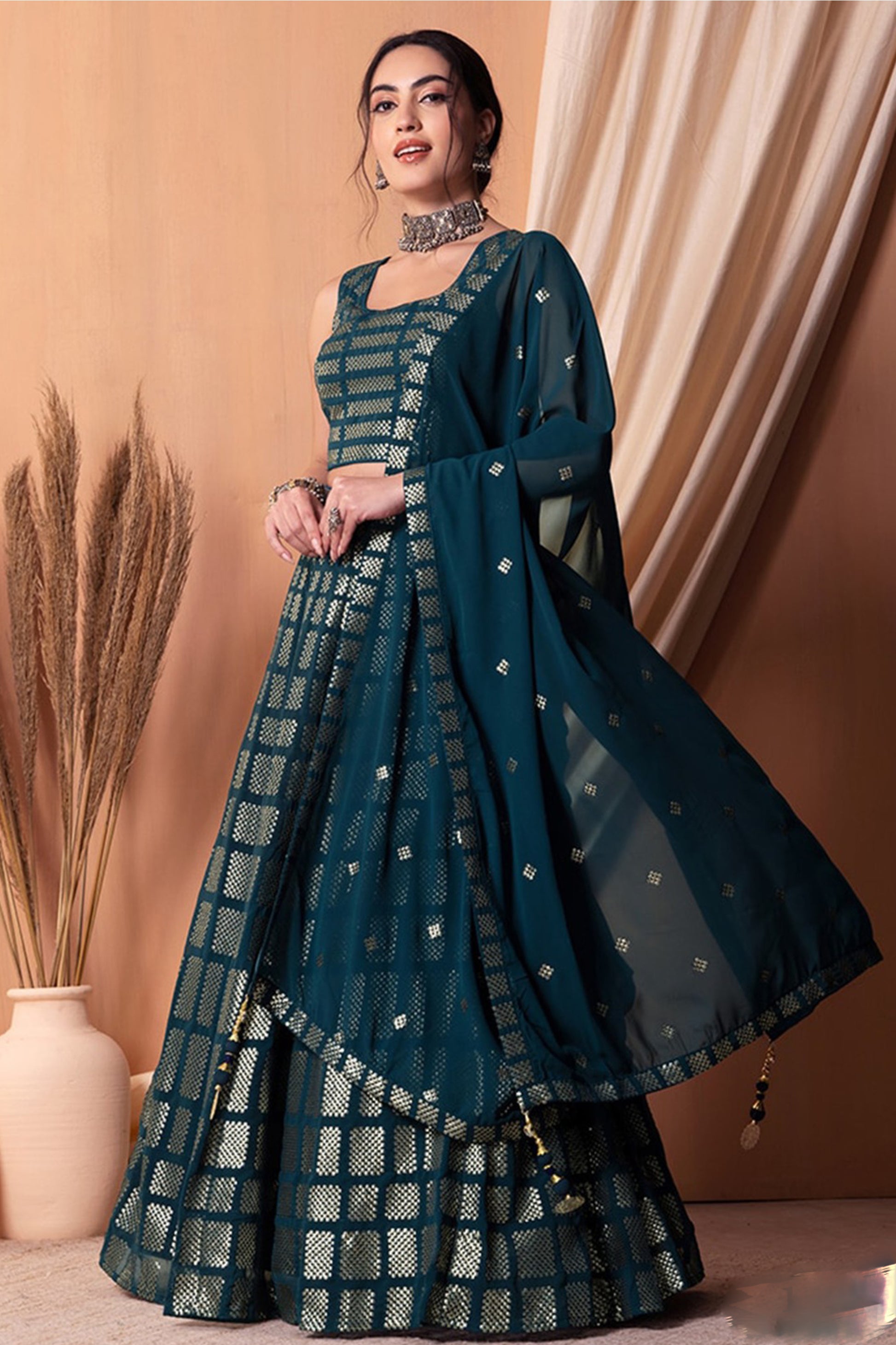 "Elegant lehengas for U.S.-based Indian celebrations."
