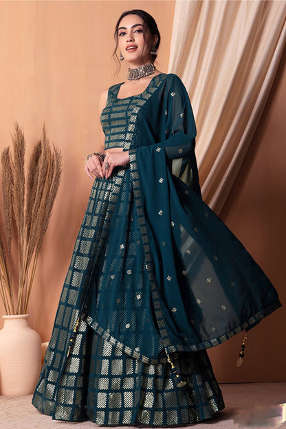 "Elegant lehengas for U.S.-based Indian celebrations."
