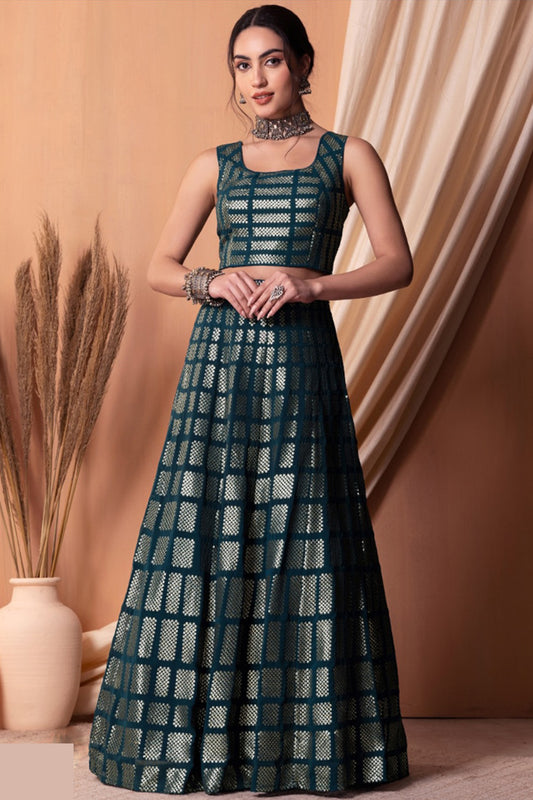 "Elegant lehengas for U.S.-based Indian celebrations."
