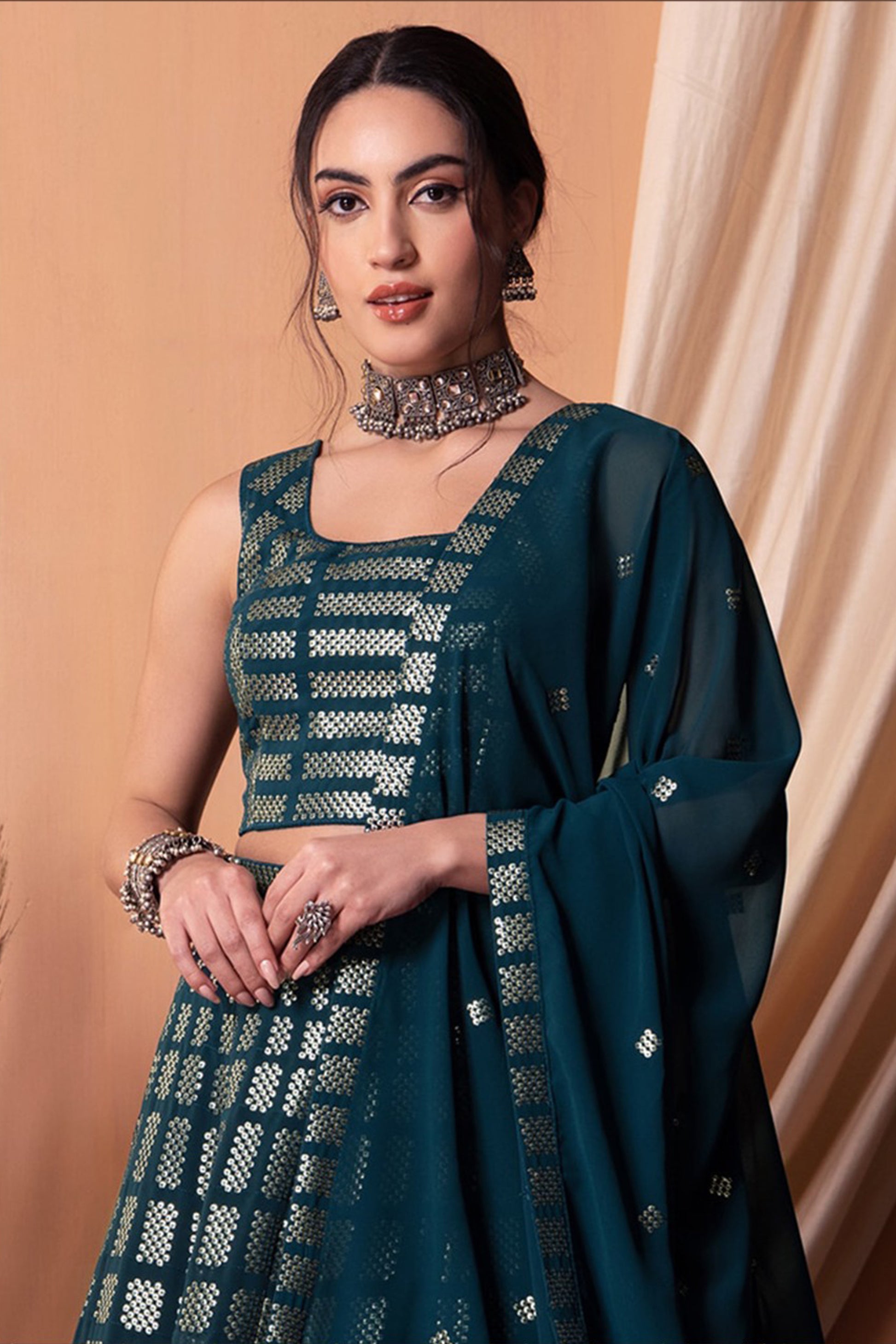 "Elegant lehengas for U.S.-based Indian celebrations."
