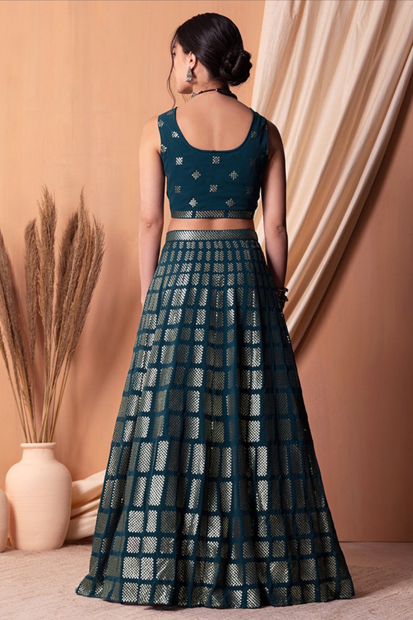 "Elegant lehengas for U.S.-based Indian celebrations."
