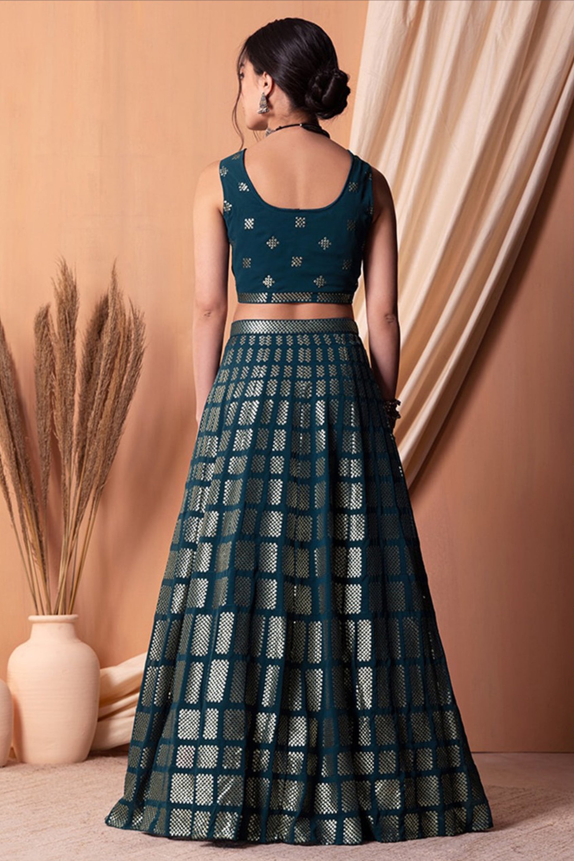 "Elegant lehengas for U.S.-based Indian celebrations."
