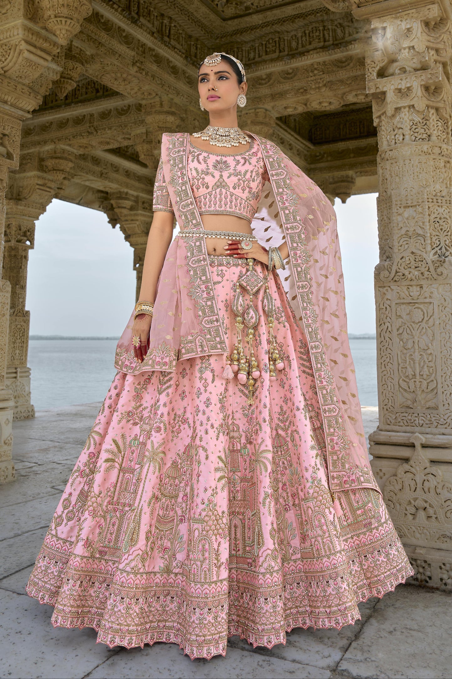 "Elegant lehengas for U.S.-based Indian celebrations."
