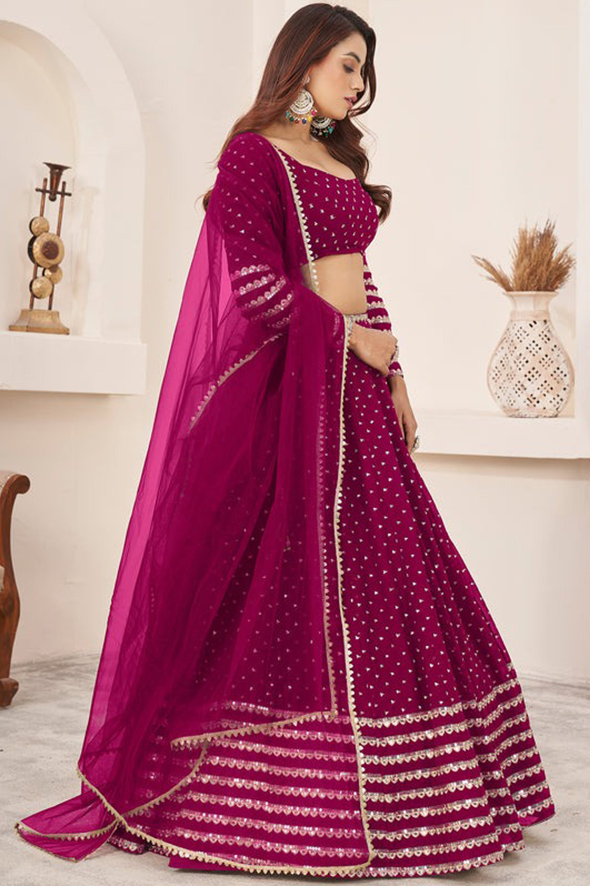 "Celebrate traditions in the USA with our lehengas."
