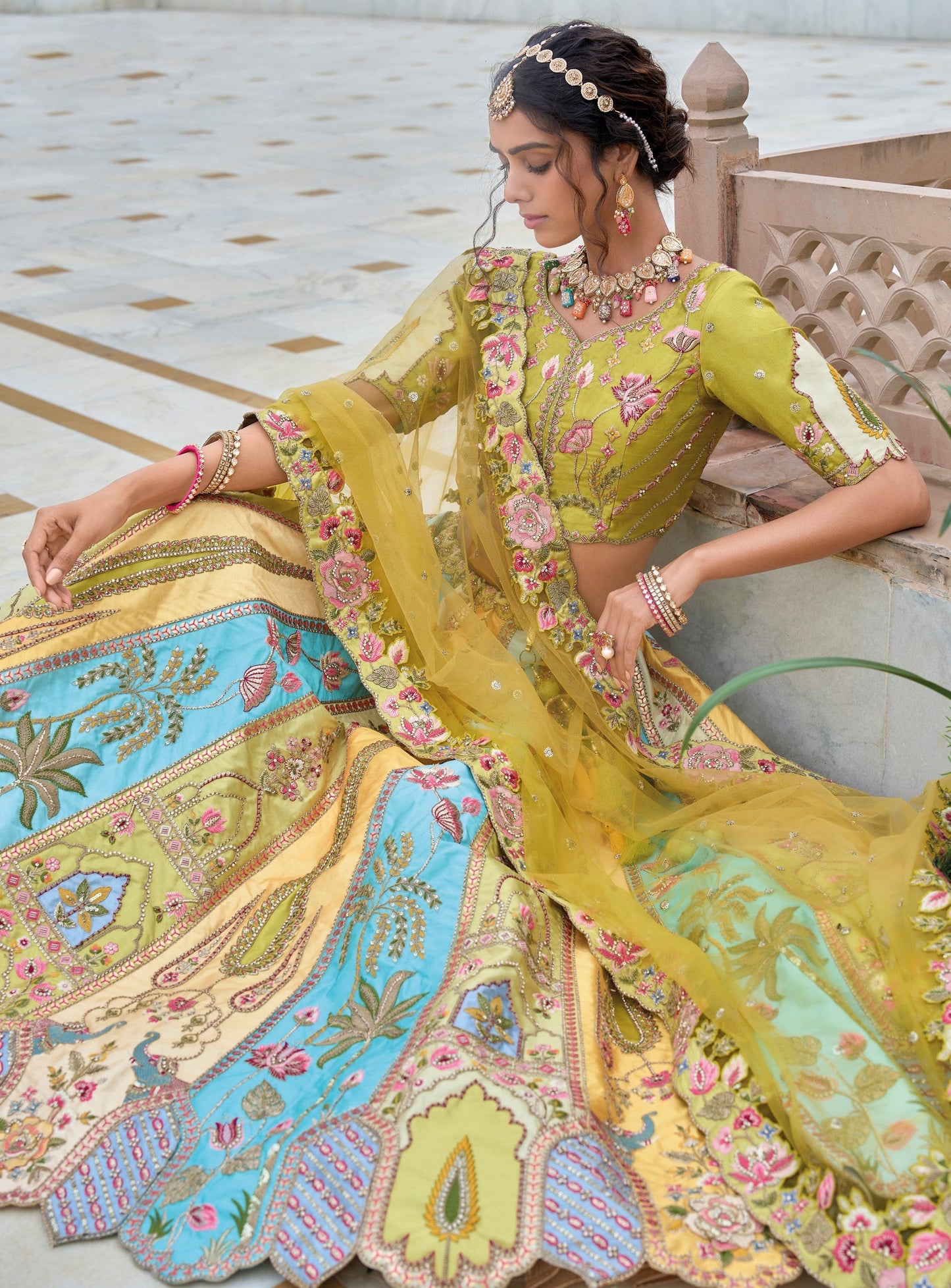 "Elegant lehengas for U.S.-based Indian celebrations."
