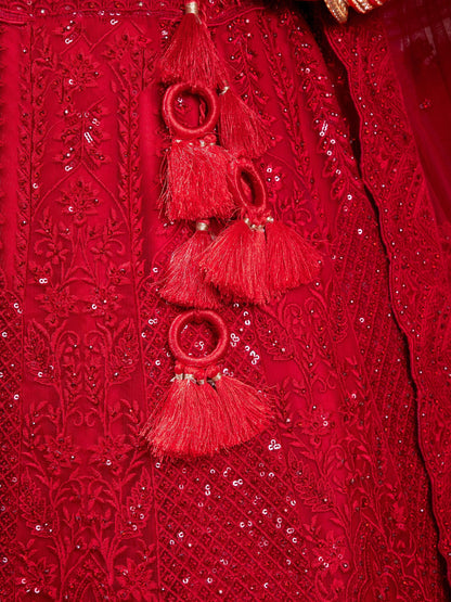 "Runway Red: Statement Bridal Lehenga with Contemporary Flair"
