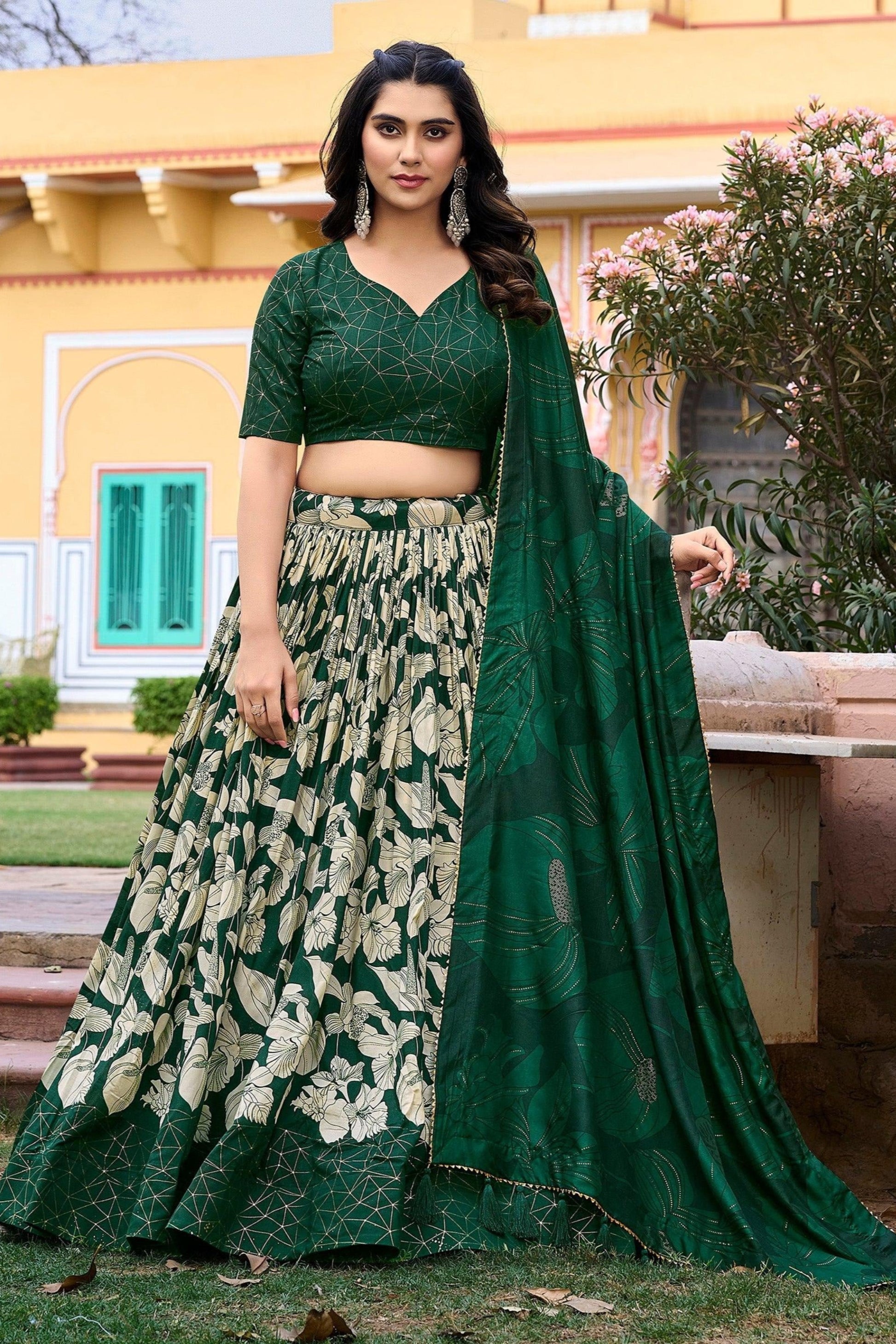 "Elegant lehengas for U.S.-based Indian celebrations."
