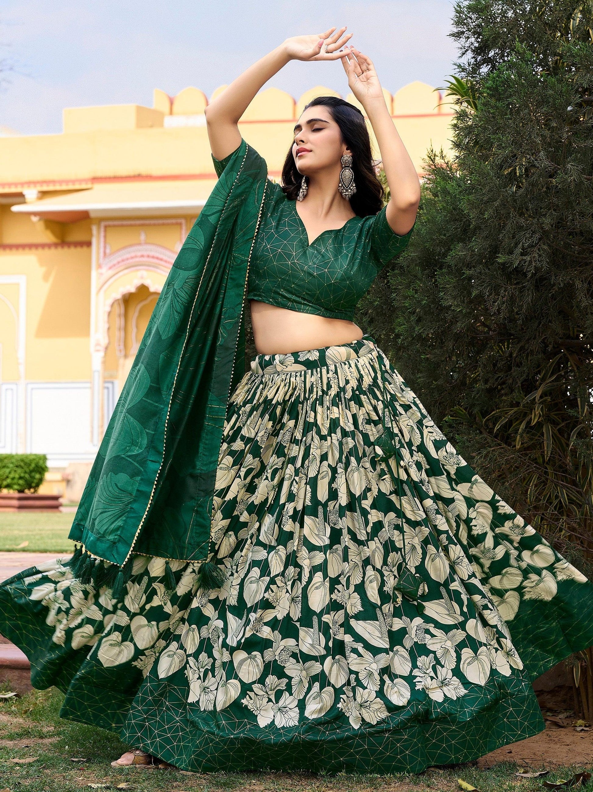 "Elegant lehengas for U.S.-based Indian celebrations."
