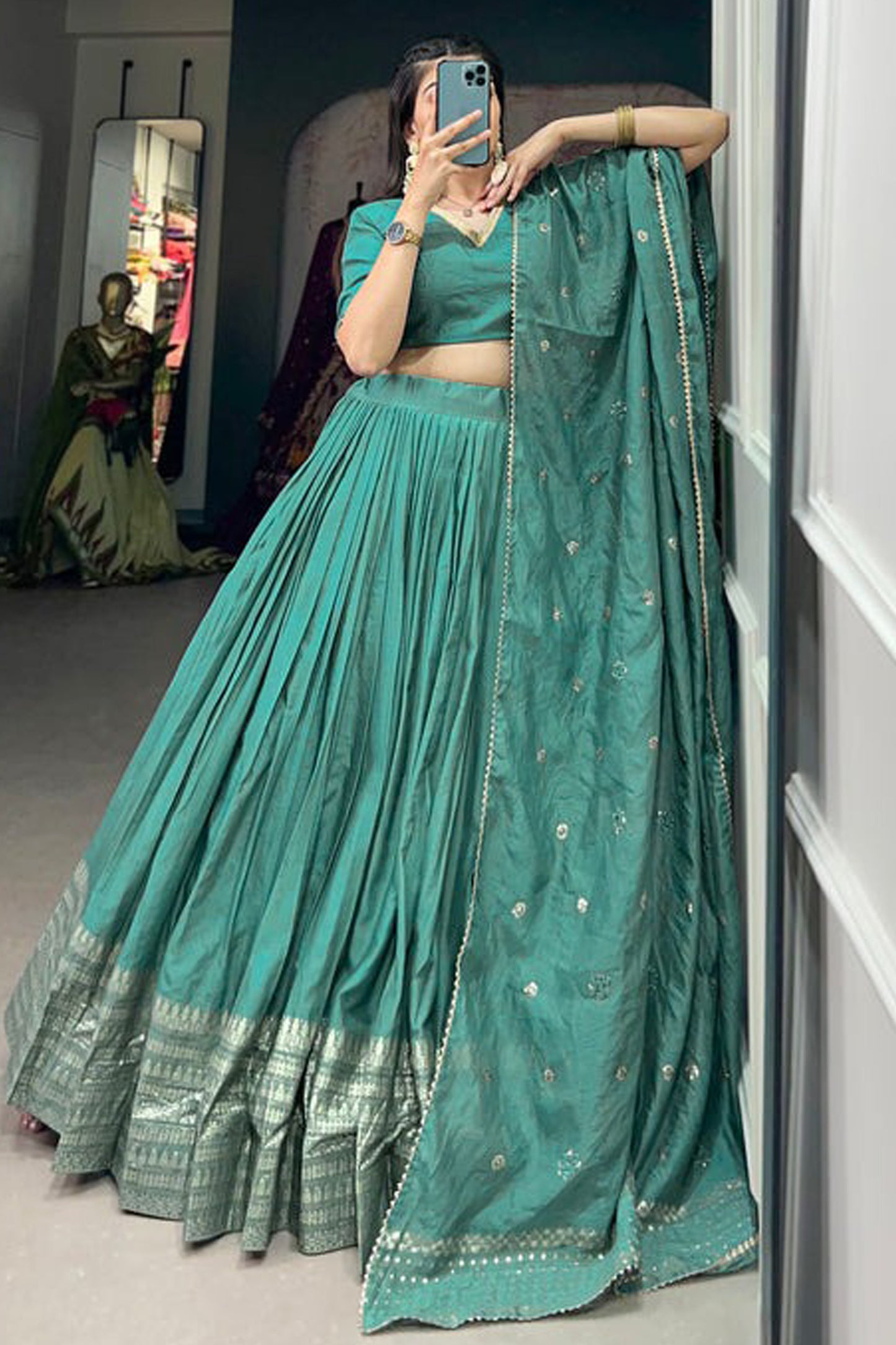 New Style Weaving Work Cyan Color Lehenga For Special Festival