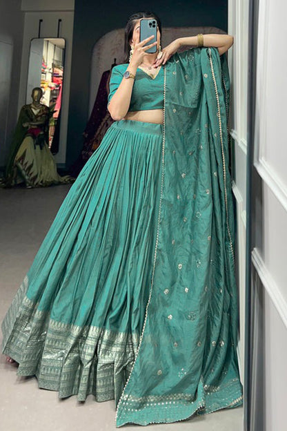New Style Weaving Work Cyan Color Lehenga For Special Festival