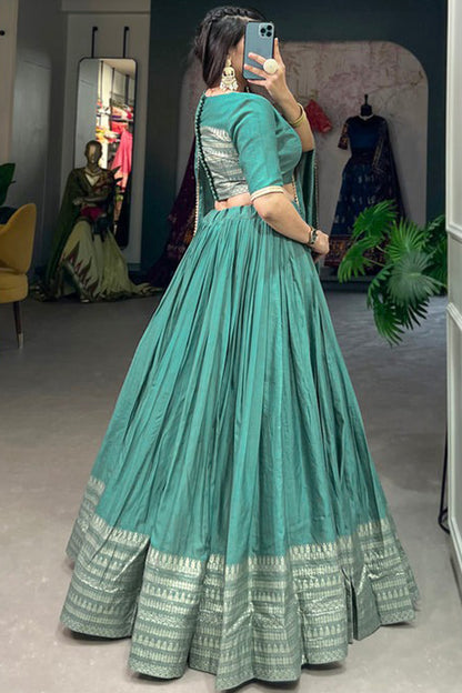 New Style Weaving Work Cyan Color Lehenga For Special Festival