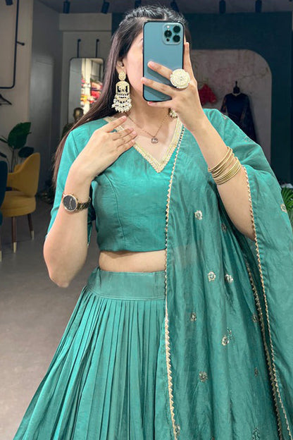 New Style Weaving Work Cyan Color Lehenga For Special Festival