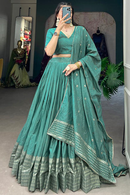 New Style Weaving Work Cyan Color Lehenga For Special Festival