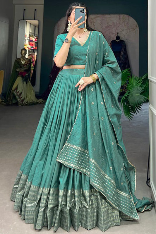 New Style Weaving Work Cyan Color Lehenga For Special Festival