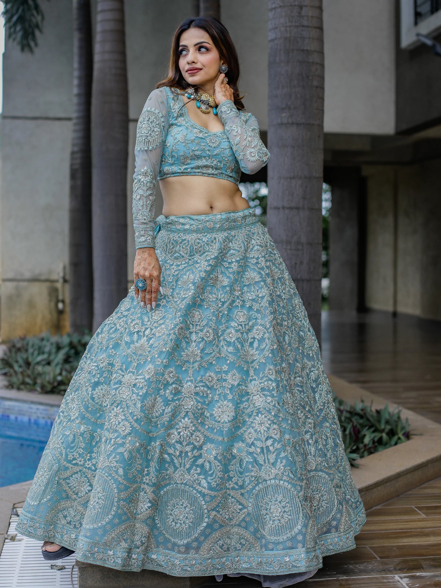 "Stylish lehengas for U.S.-based Indian functions."
