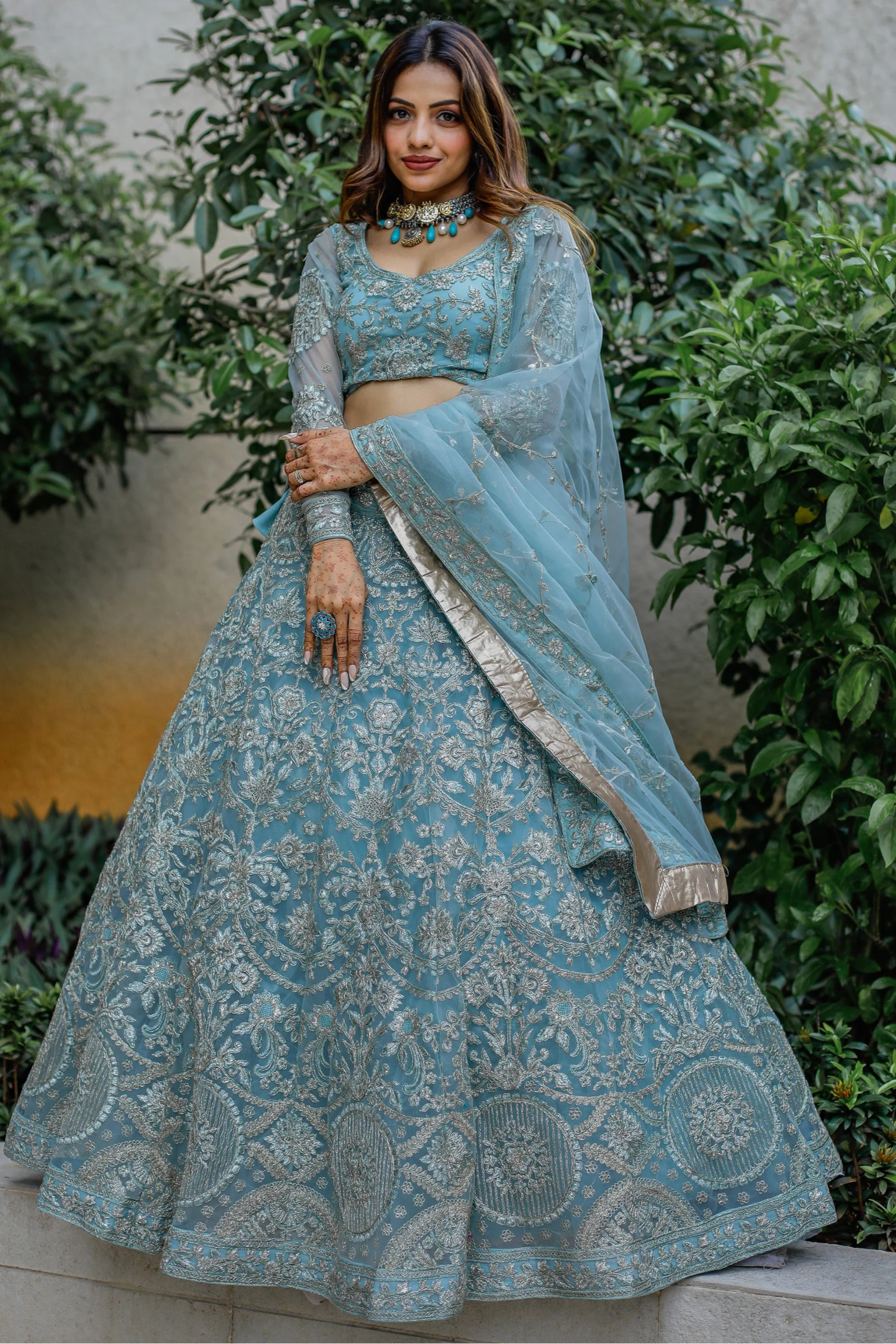 "Stylish lehengas for U.S.-based Indian functions."
