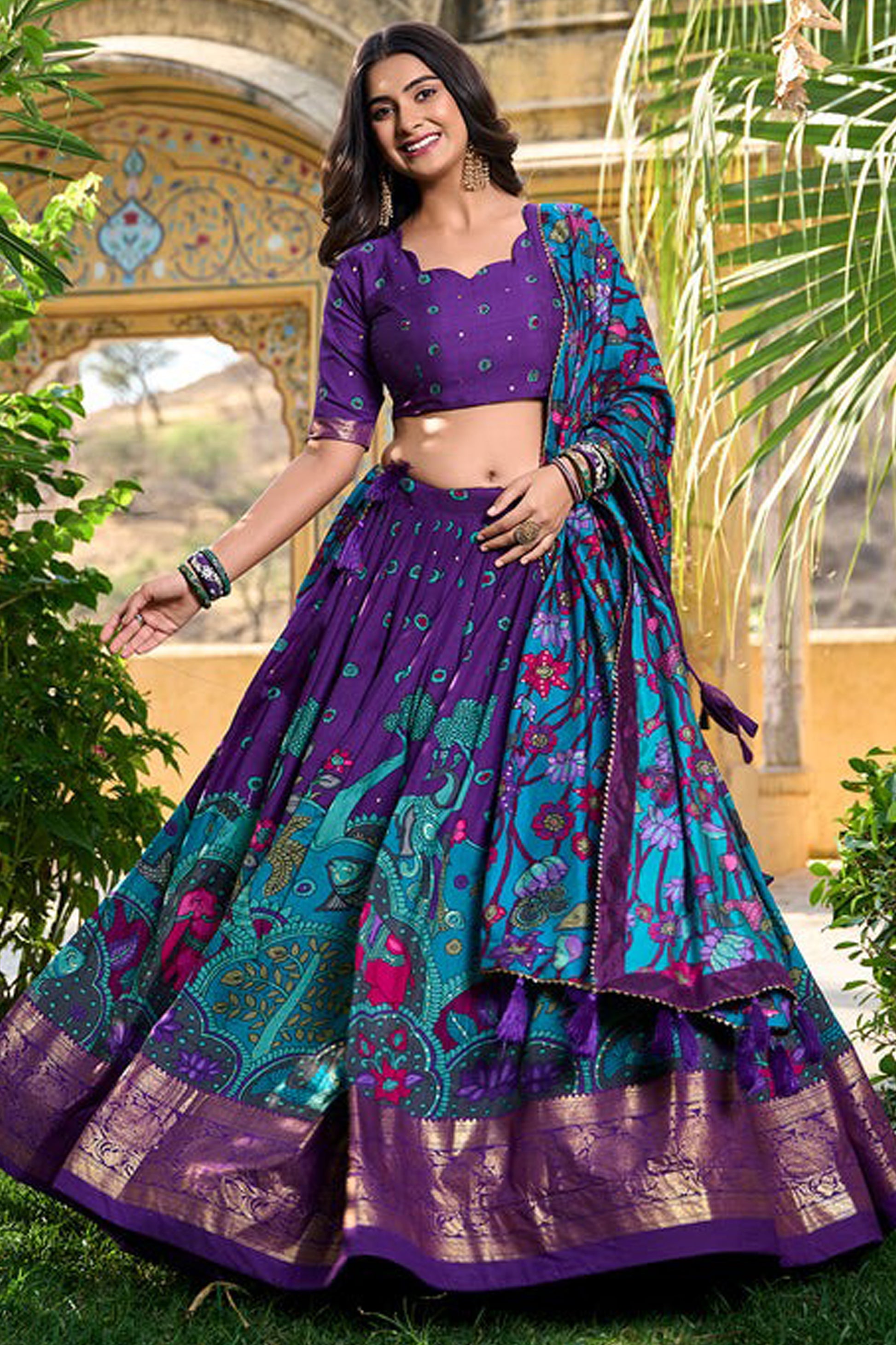 "Stylish lehengas for U.S.-based Indian functions."
