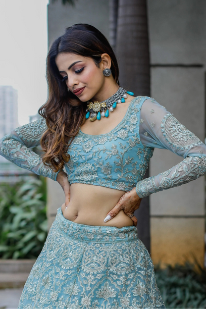 "Stylish lehengas for U.S.-based Indian functions."
