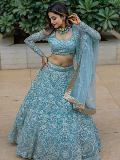"Stylish lehengas for U.S.-based Indian functions."

