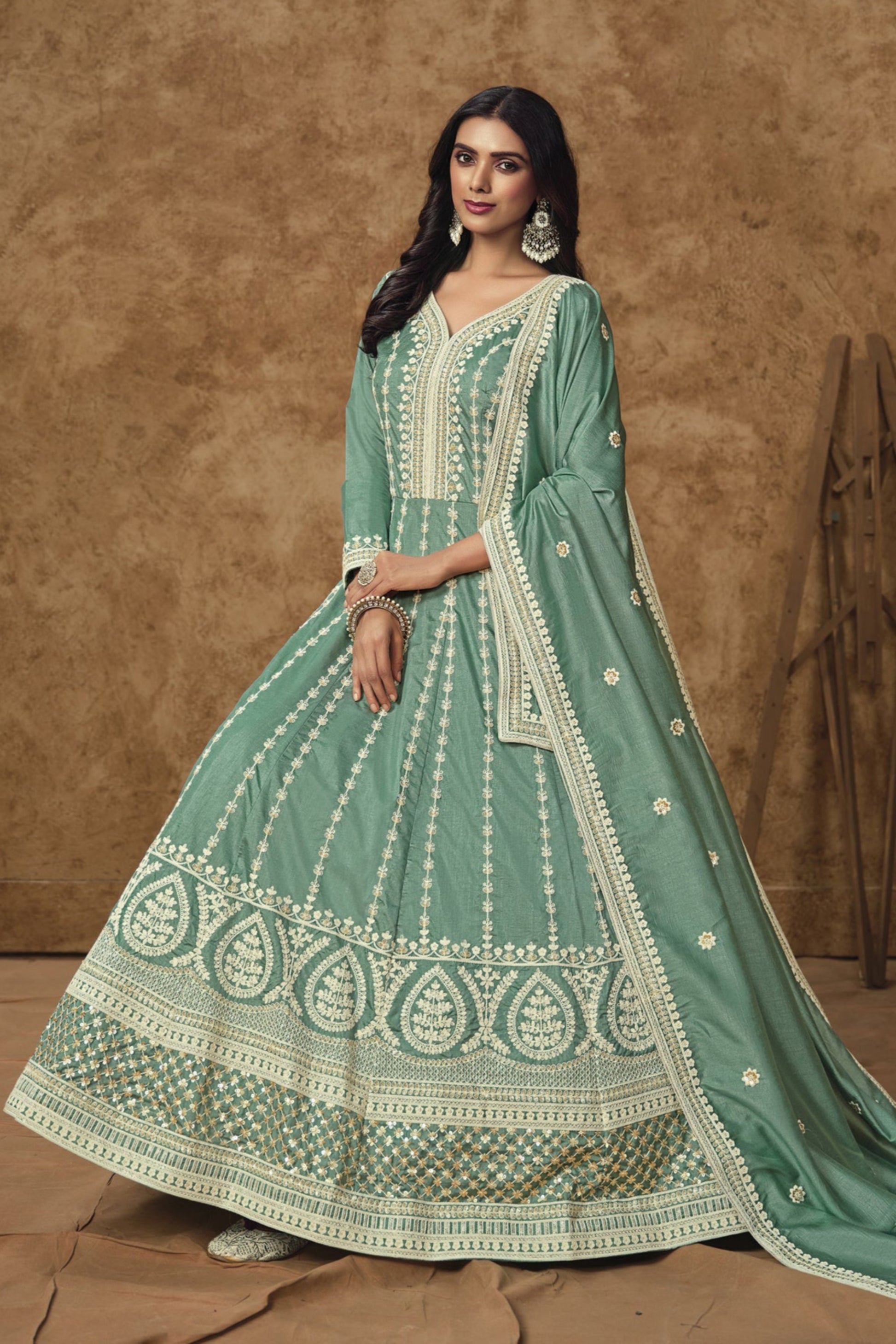 Back View Of Affordable Dusty Green Silk Anarkali Dress With Dupatta