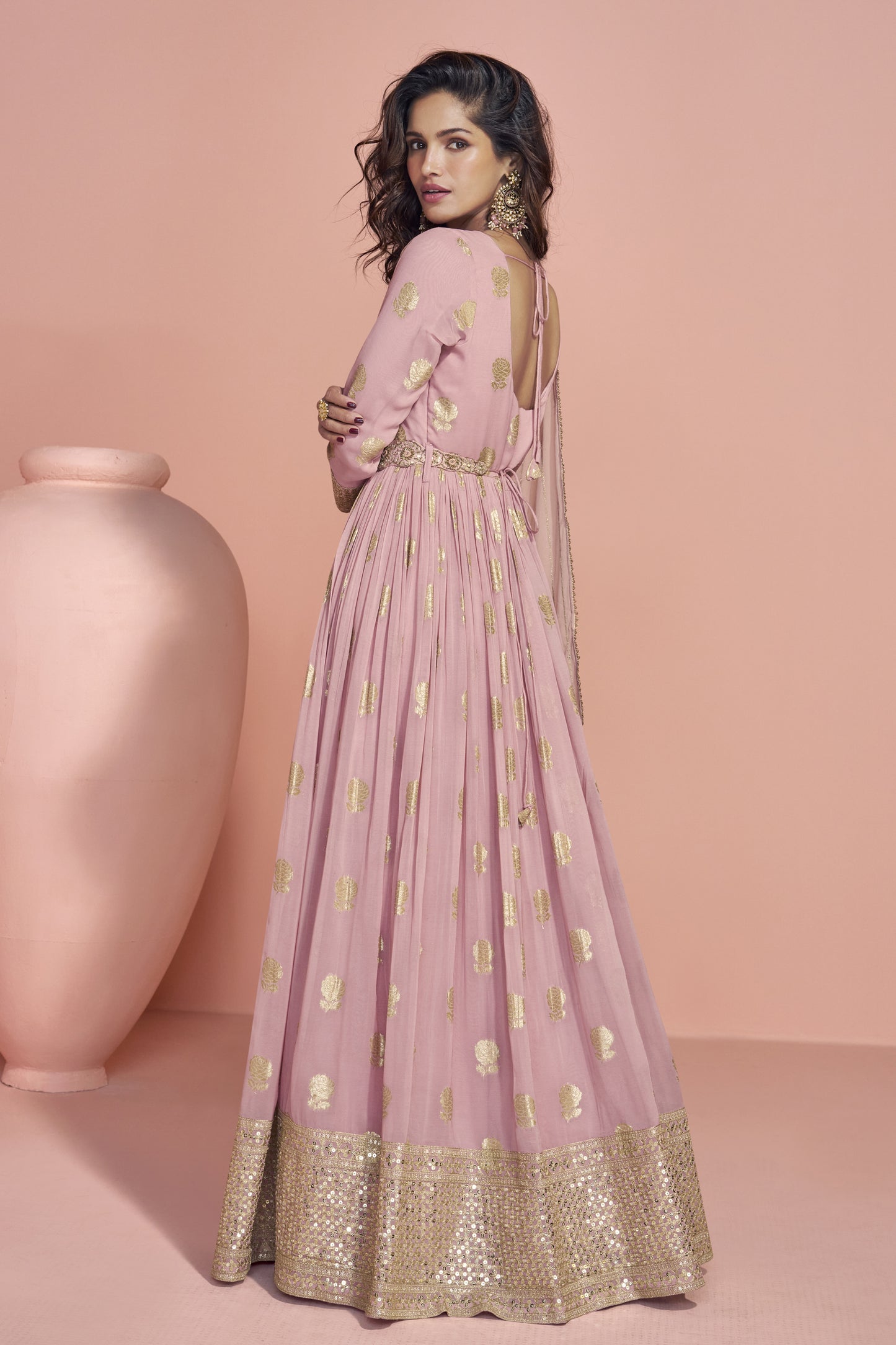 Wedding Party Wear Pink Anarkali Gown With Viscos Jacquard Silk, Silk Dupatta Dresses