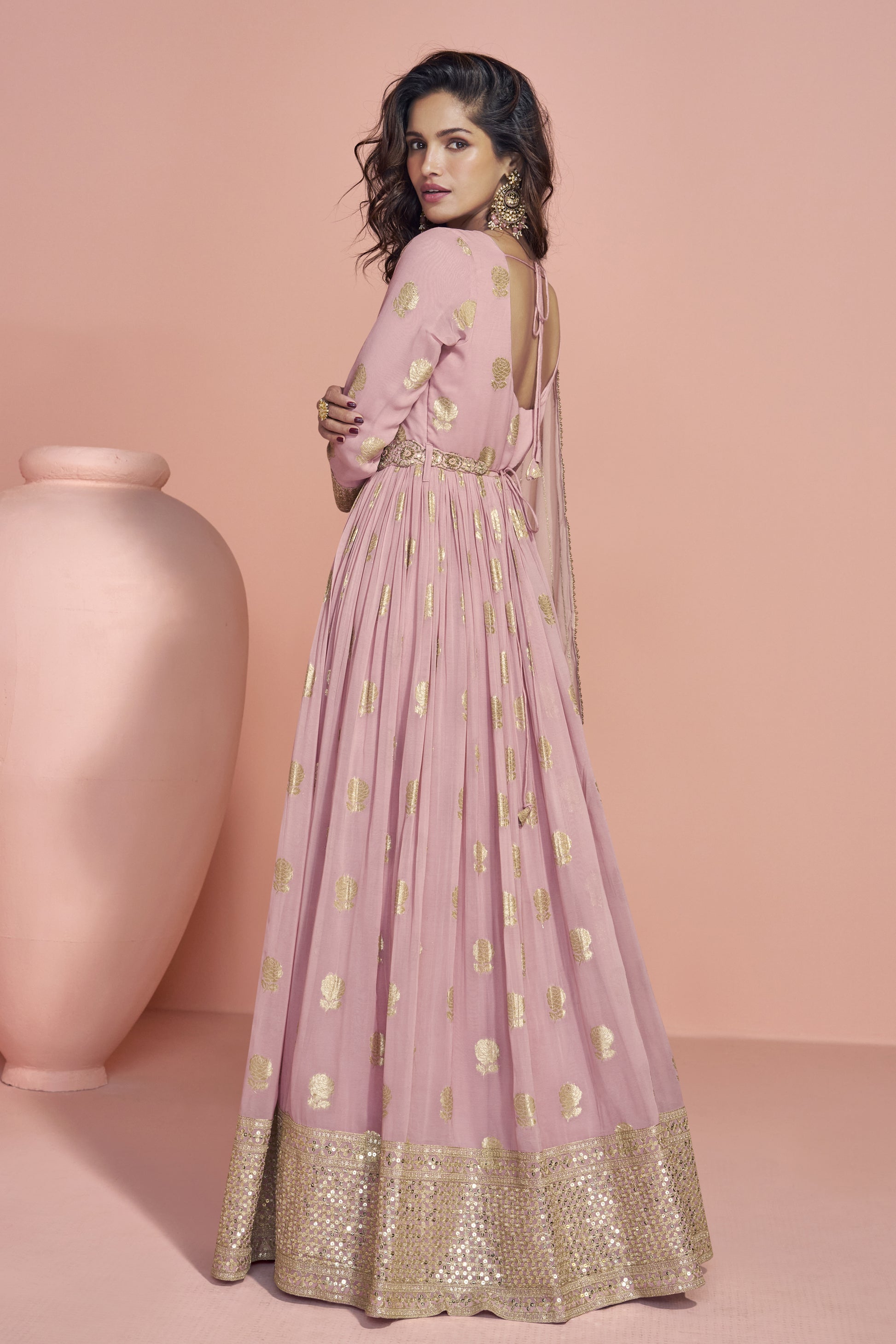 Wedding Party Wear Pink Anarkali Gown With Viscos Jacquard Silk, Silk Dupatta Dresses