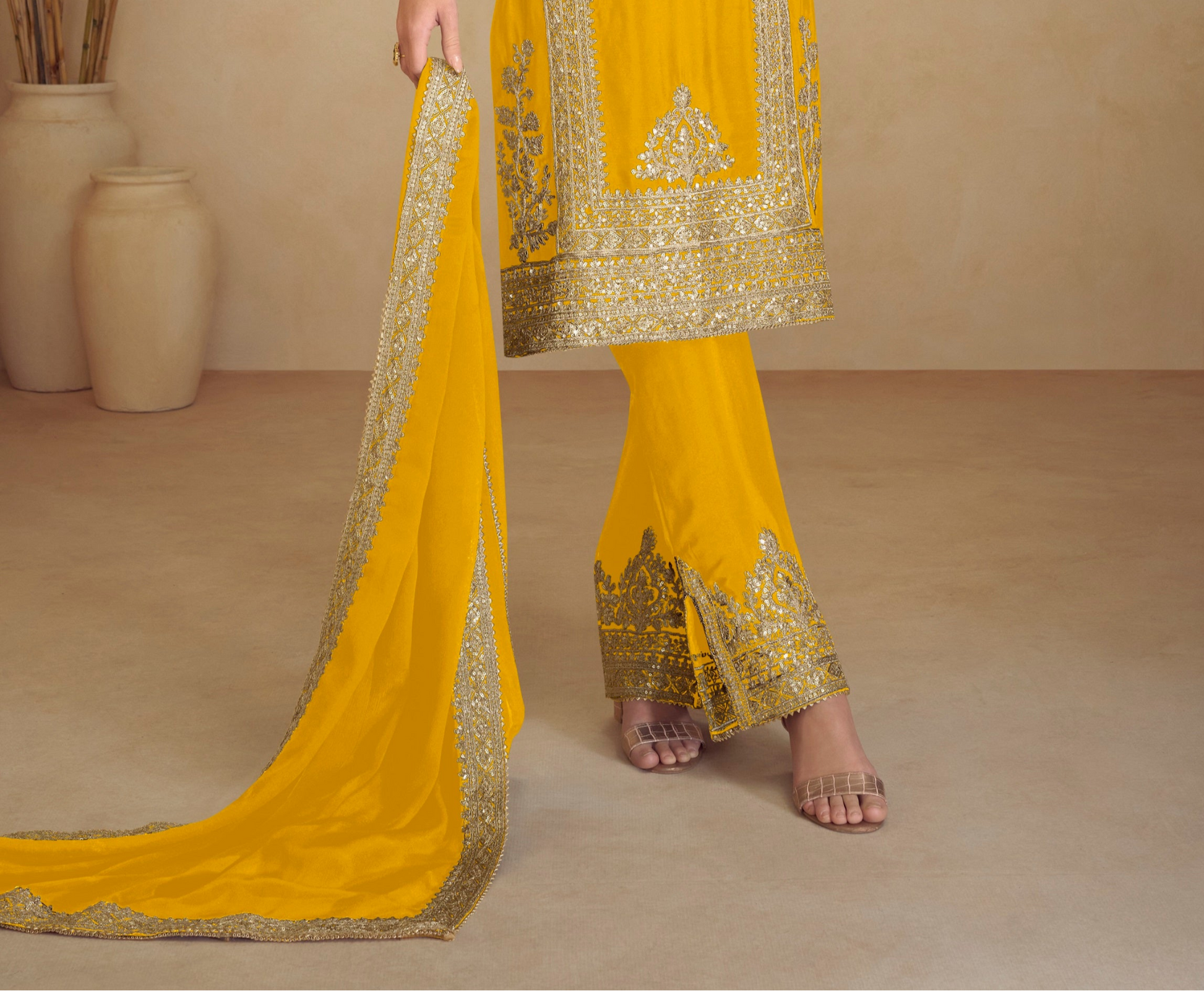 Yellow Chinon Salwar Kameez Side View - Plus Size Available Wedding Outfit 