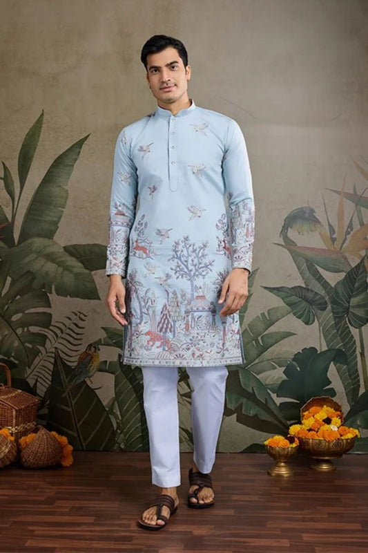 Latest Sky Blue Color Viscose Silk Kurta Set For Men Real Mirror Work With Matching Pant