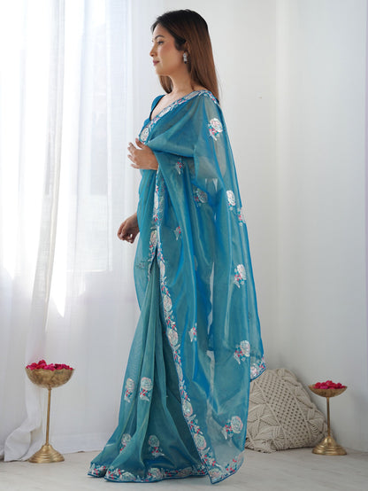 Stunning sky blue silk saree with embroidery for traditional wear.