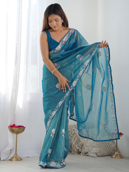 Stunning sky blue silk saree with embroidery for traditional wear.