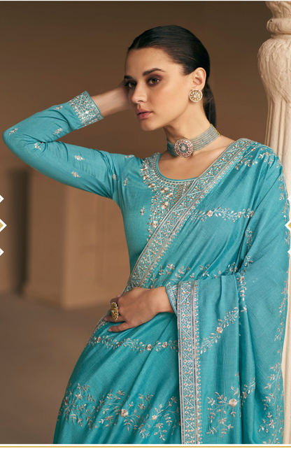 Elegant Sky Blue Chinon Silk Salwar Kameez With Intricate Embroidery And Plazzo Pants