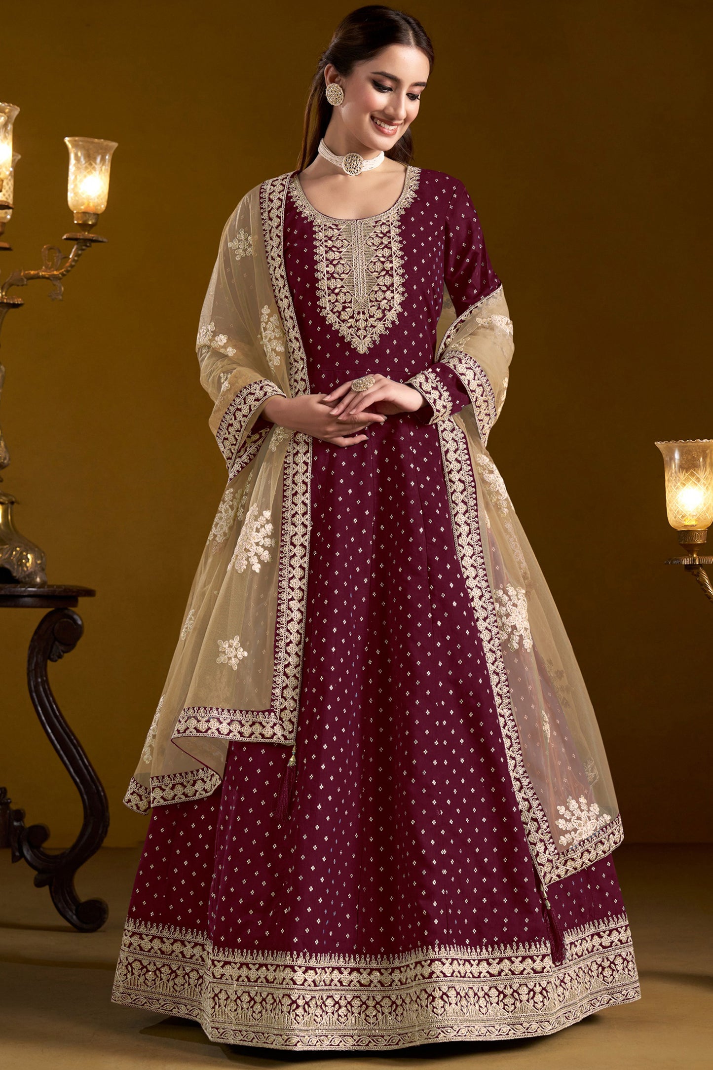 Wine Anarkali Gown With Dupatta For Wedding Reception - Embroidered Indian Bridal Dress