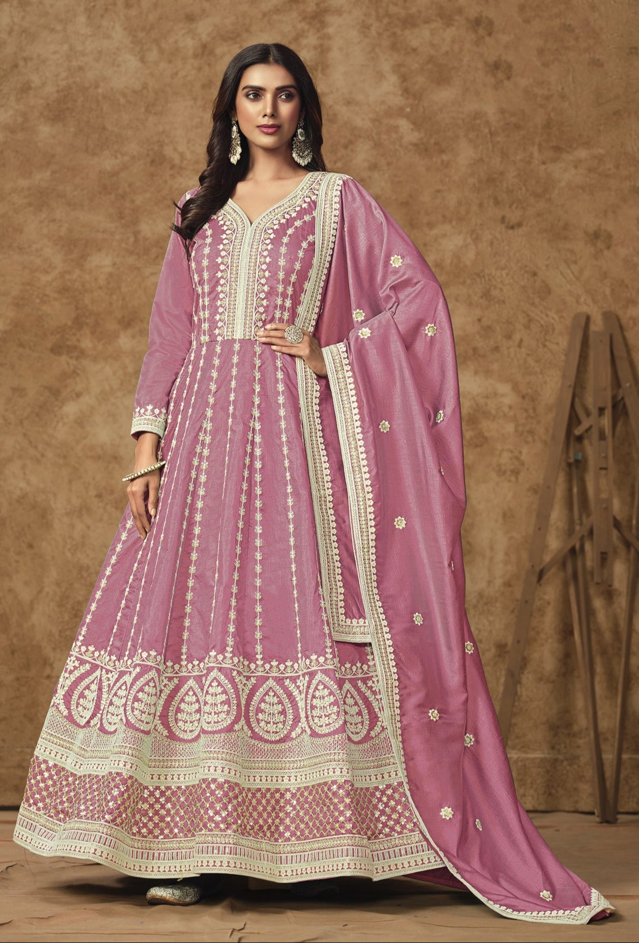Dusty Pink Anarkali Gown Suit With Embroidery Work For Weddings