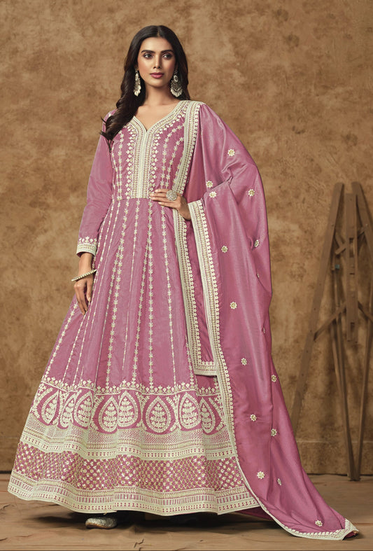 Dusty Pink Anarkali Gown Suit With Embroidery Work For Weddings