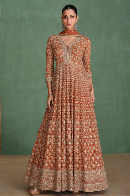 Light Orange Anarkali Gown In Chinon Silk With Sequin Embroidery For Indian Weddings